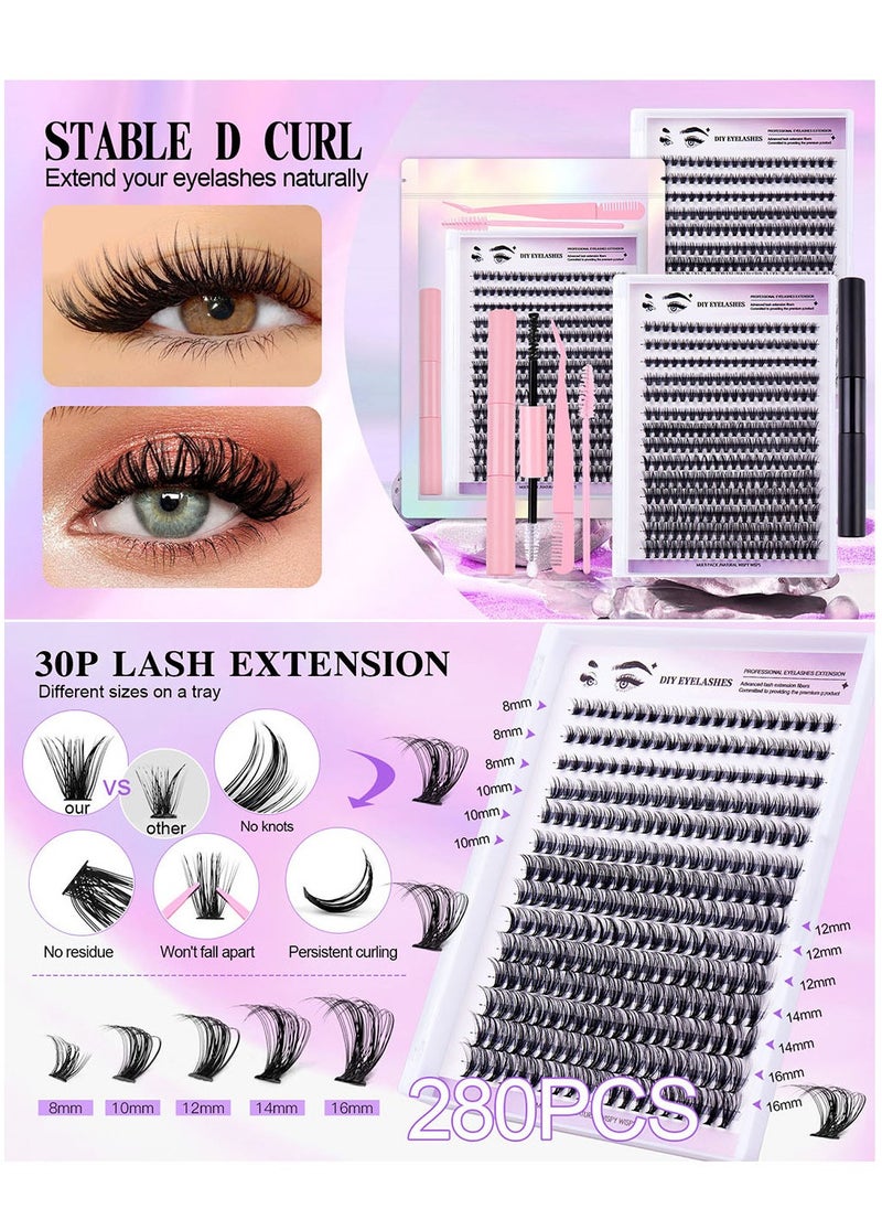 LashesMD - 280Pcs DIY Lash Extension Kit Lash Clusters Kit Individual Cluster Lashes with Waterproof Lash Bond and Seal and Tweezers D Curl Eyelash Extension Kit - Image 1