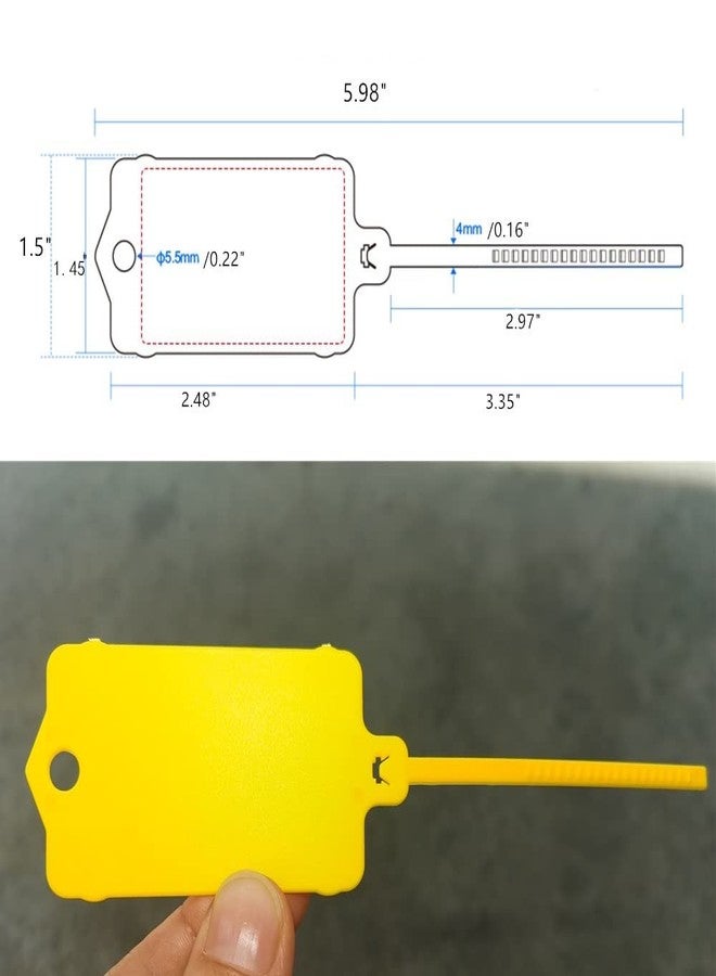 XF-Vel 100pcs Reusable Blank Plastic Tags Ties Key Tags 1.45"*2.48" Serrated Tension Sealing Strap with Large Label Plastic Tie Mark Label Waterproof Hang Sign Write on Tag (Yellow, 100pcs) - Image 2