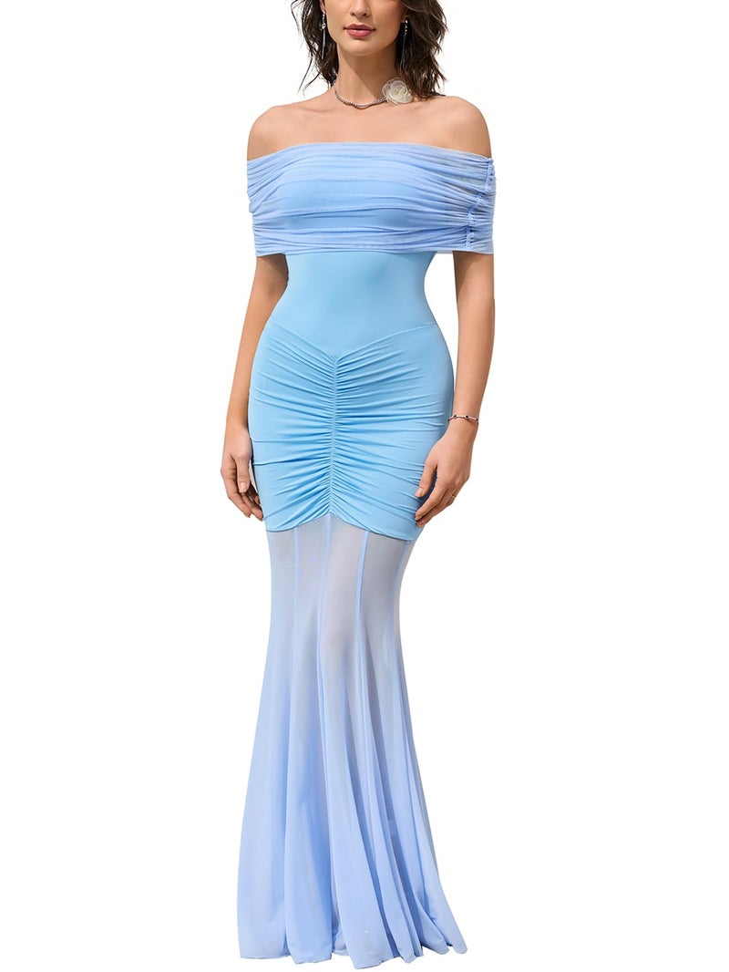 HTZMO Women Sexy Off Shoulder Bodycon Maxi Dress Strapless Ruched Wedding Guest Formal Party Long Dresses Blue M - Image 1