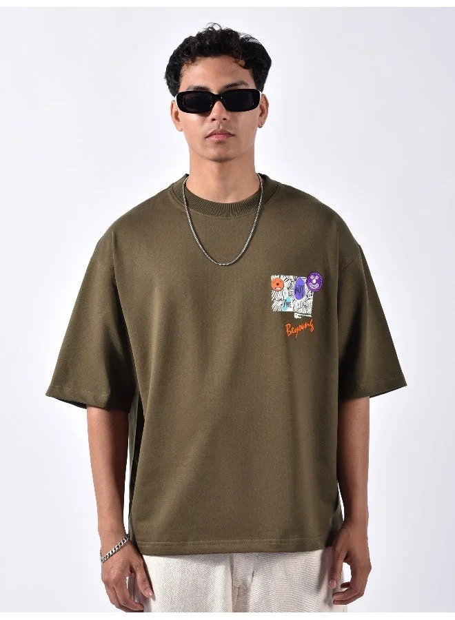 Beyoung Dark Tan Blooming Puff Printed Oversized T-Shirt