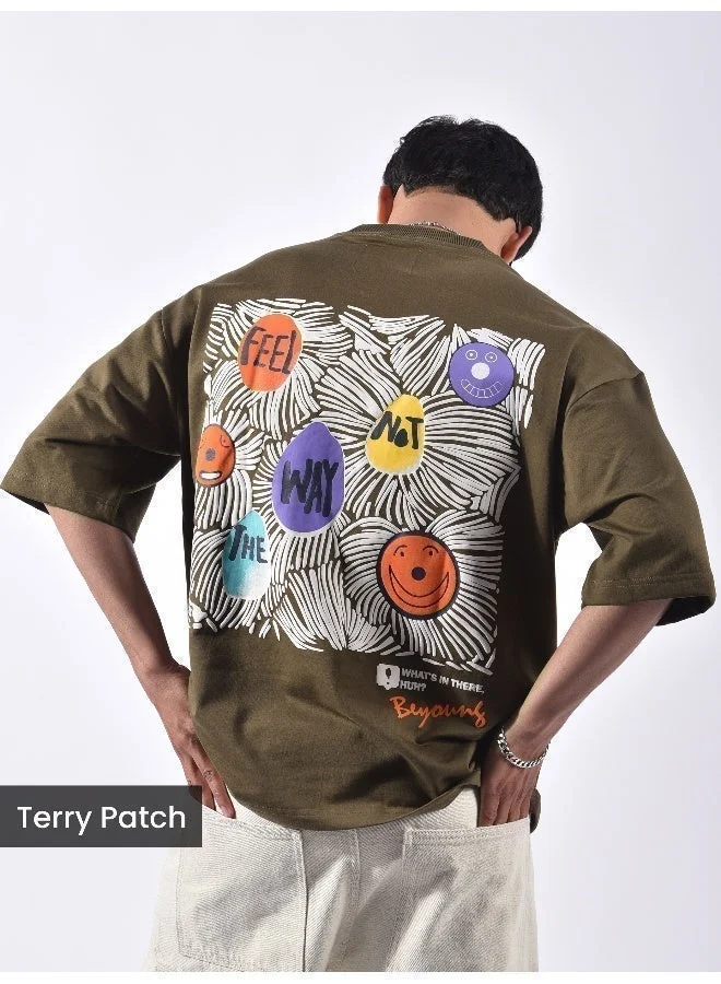 Beyoung Dark Tan Blooming Puff Printed Oversized T-Shirt