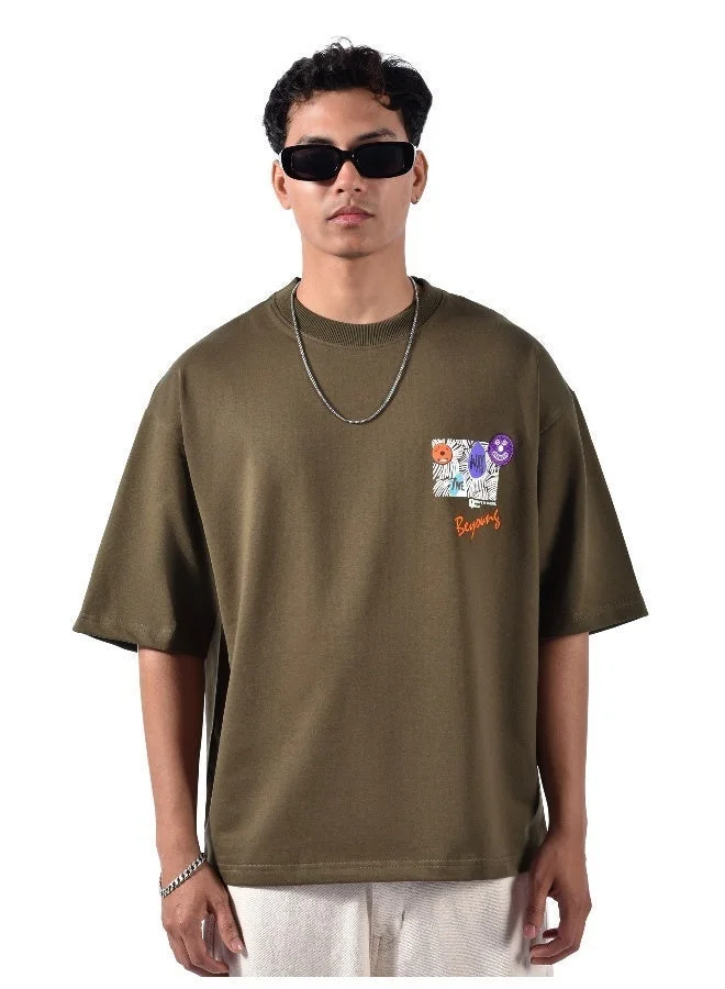 Beyoung Dark Tan Blooming Puff Printed Oversized T-Shirt