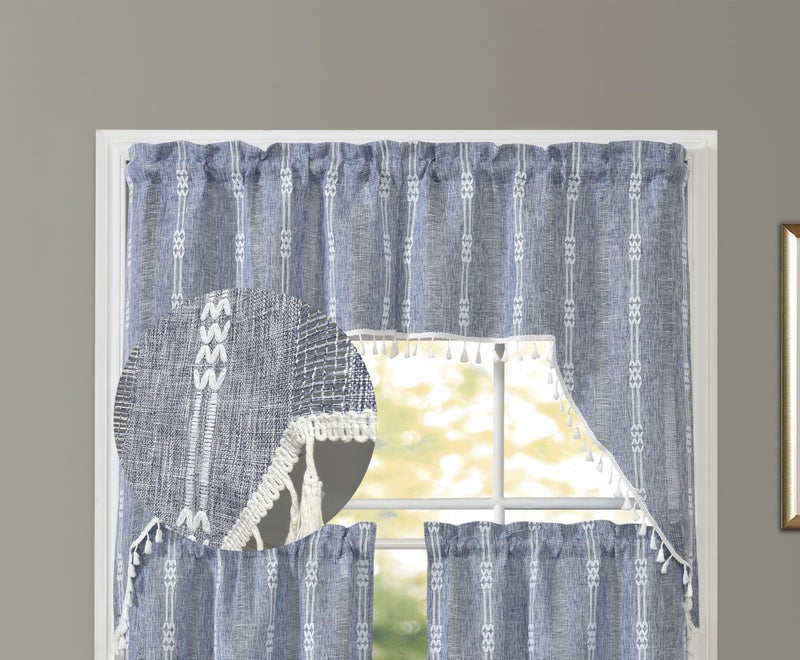 GOHD GOLDEN OCEAN HO Gohd Country Road Boho Swag Valance Farmhouse Linen Curtain Curtain Swag Pair Vintage Chic Tassel Farances (Swag Valance Blue)  - Image 1