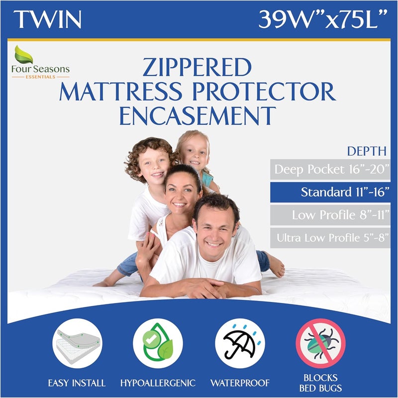 Four Seasons Essentials Twin Size Zippered Mattress Protector Waterproof Encasement Hypoallergenic Premium Bed Cover Protects Against Dust, Allergens - Image 1