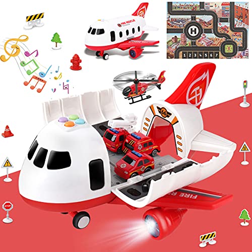 Dwi Dowellin Airplane Toys with Fire Truck Cars Toy Set and Play MatPlane with Light Up and SoundsBirthday Gift for 3 4 5 6 Years Old Kids Boys GirlsMedium - Image 1