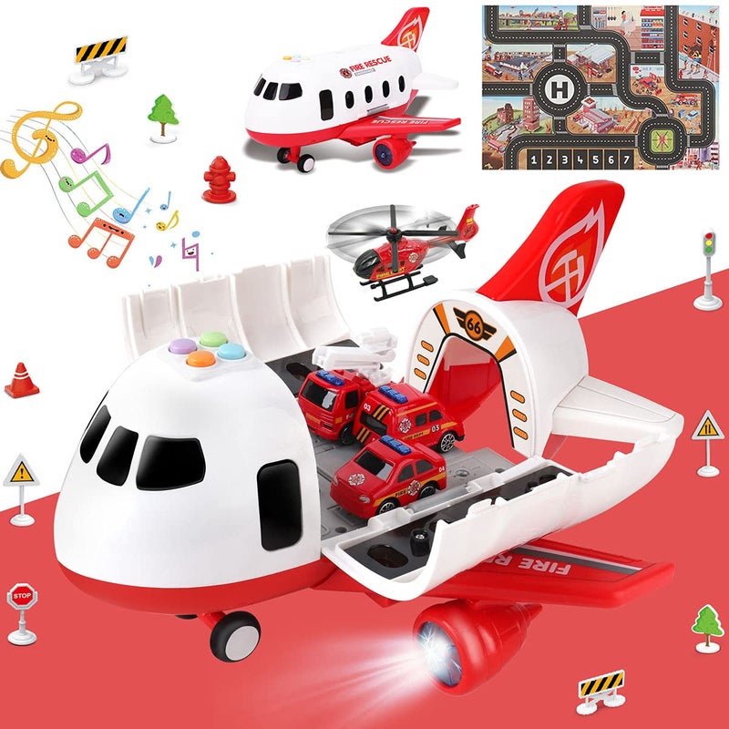 Dwi Dowellin Airplane Toys with Fire Truck Cars Toy Set and Play MatPlane with Light Up and SoundsBirthday Gift for 3 4 5 6 Years Old Kids Boys GirlsMedium - Image 2