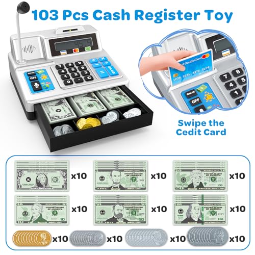 Bstoyder Calculator Cash Register Toy Gift for Kids Age 3 4 5 6 7 8 Year Old 103 Pcs Pretend Grocery Store Playset with Toy Cash Microphone Credit Card Play Cash Register for Toddlers 48 Silvery - Image 5
