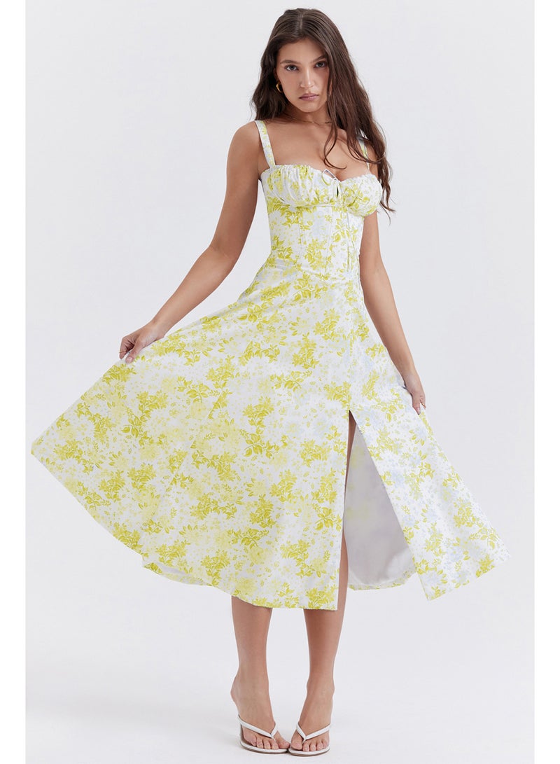 SCACTO Floral Print Bustier Top Lace Up Split Midi Dress 
