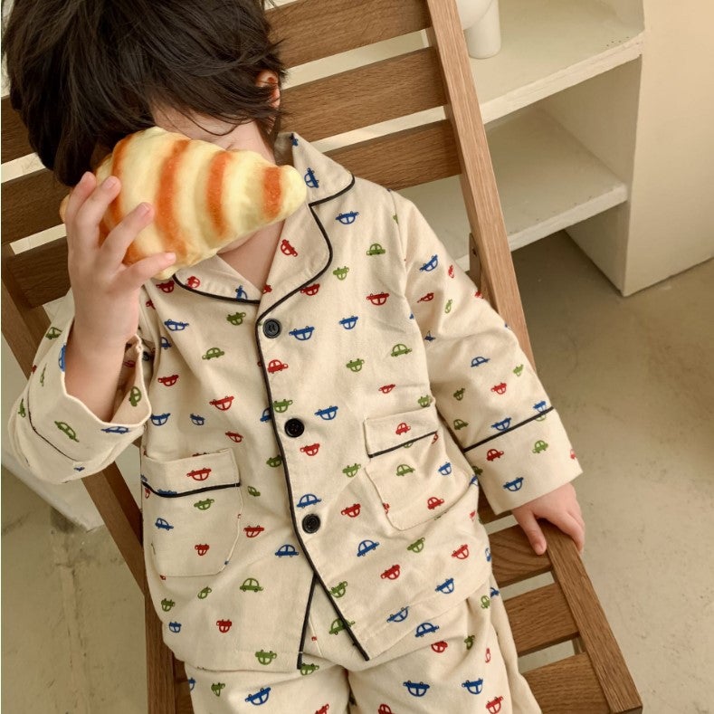 South Korea Children'S Clothing Children'S Korean-Style Cotton Sanding Pajamas Suit Boys And Girls Baby Home Clothes Two-Piece Set - Image 1