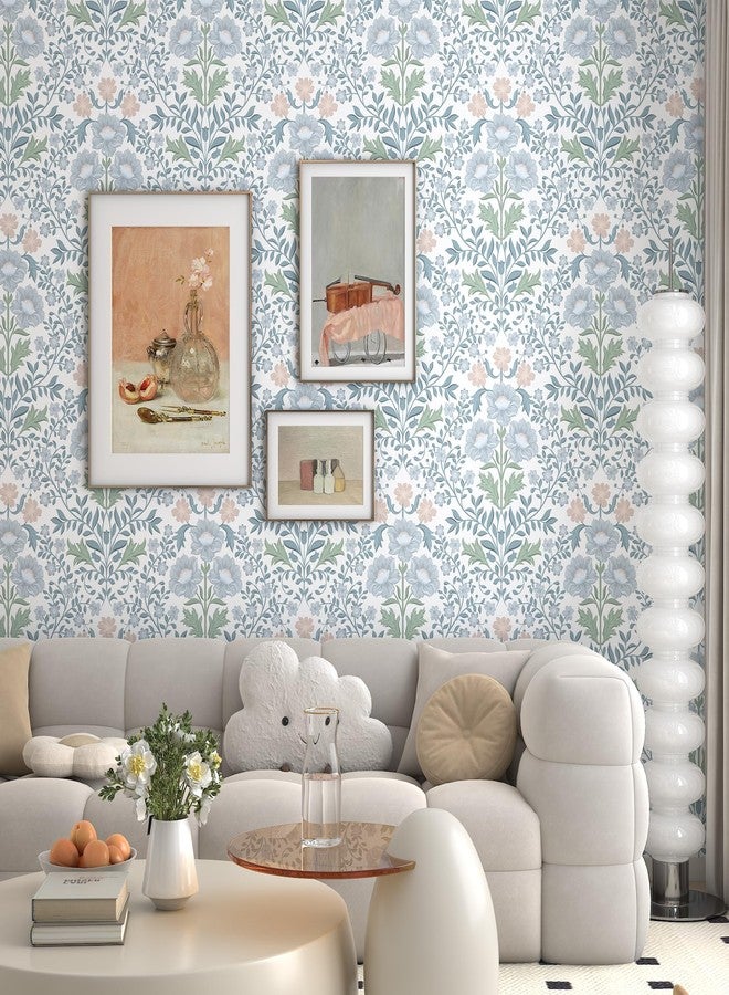 PeonyQueen Floral Wallpaper Peel and Stick Wallpaper 17.3"x78.8" Boho Contact Paper Removable Self Adhesive Wall Paper for Bathroom Bedroom Blue and White Wildflower Wallpapers for Walls Home Decorate Vinyl - Image 2