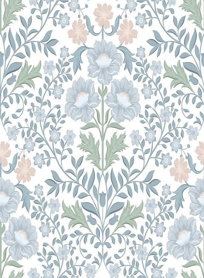 PeonyQueen Floral Wallpaper Peel and Stick Wallpaper 17.3"x78.8" Boho Contact Paper Removable Self Adhesive Wall Paper for Bathroom Bedroom Blue and White Wildflower Wallpapers for Walls Home Decorate Vinyl - Image 1