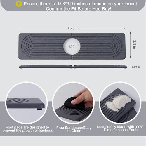 Fatilin Stone Faucet Mat for Kitchen Sink, Faucet Mat Fast Drying Diatomite, Sink Splash Guard Water Absorbing Stone Tray for Sink, Counter Protector for Kitchen & Bathroom - Image 2