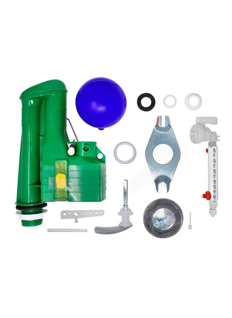 RACO RACO Twyford Single Flush Toilet Cistern Kit – Includes Syphon, Ball, Flush Handle, Inlet Valve, Donut, Lever, and Nocturne Accelerator Kit (Side)  - Image 1