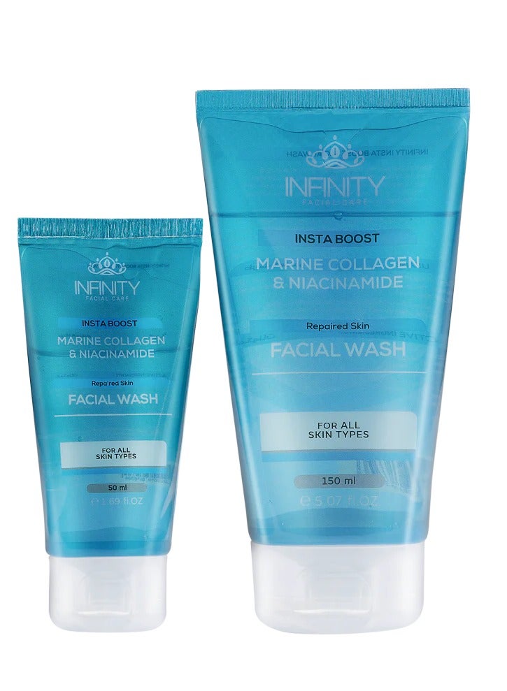 إينفينيتي إنفينيتي غسول الوجه للعناية بالوجه إنستا بوست بالكولاجين البحري والنياسيناميد، قطعتان، 150 مل + 50 مل