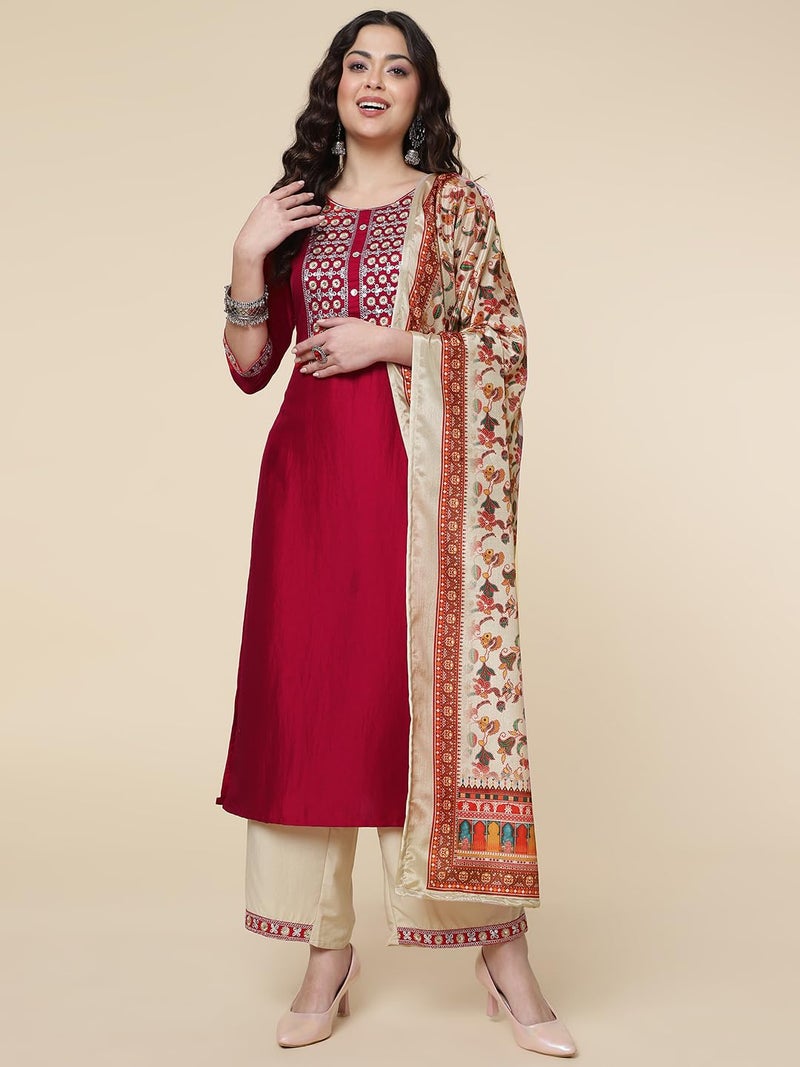 Shiv Textiles Digital Printed Round Neck Polyester Straight Kurta Set with Pent Duppata for Womens (Red-XXL) - Image 4