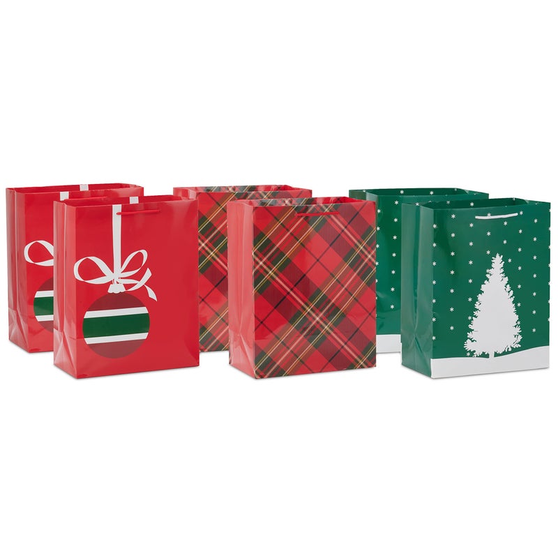 Hallmark Image Arts 11"" Large Christmas Gift Bags (6 Bags: Tartan Plaid  Snowy Tree  Red and Green Ornament) for Coworkers  Teachers  Family - Image 1