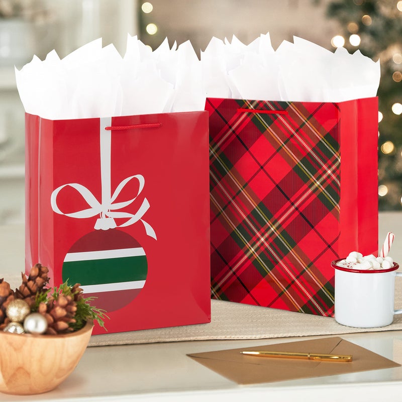 Hallmark Image Arts 11"" Large Christmas Gift Bags (6 Bags: Tartan Plaid  Snowy Tree  Red and Green Ornament) for Coworkers  Teachers  Family - Image 2