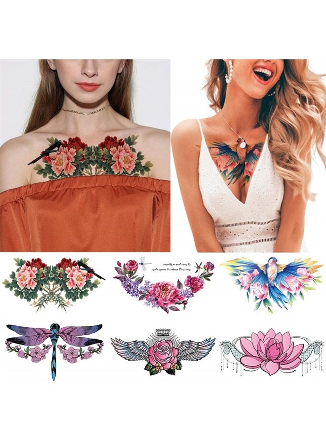 Glaryyears Watercolor Temporary Tattoos for Women Girls Adults, Sexy Fake Long Lasting Tattoo Stickers that look real, 6 Pack Large Bird Flower Dragonfly Tramp Stamp on Body Chest Underboob Waist
