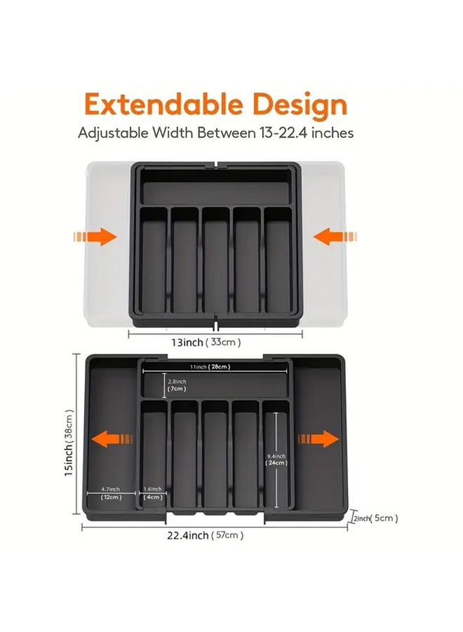 منظم درج أدوات المطبخ الأسود القابل للتوسيع صينية أدوات المائدة القابلة للتعديل للملاعق والشوك والسكاكين - Image 4