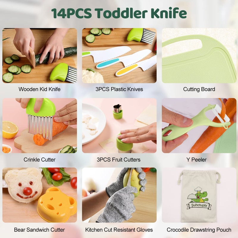 Suhctuptx 14 Pieces Wooden Kids Kitchen Knife Set with Gloves Cutting Board Fruit Vegetable Crinkle Cutters Serrated Edges Plastic Toddler Knifes for Real Cooking Kid Safe Knives - Image 3