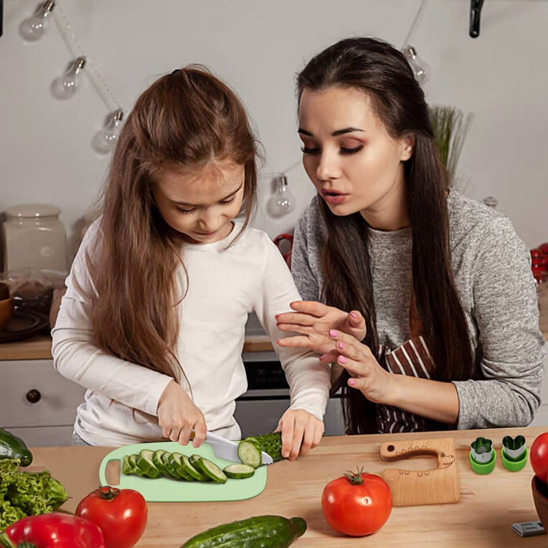 Suhctuptx 14 Pieces Wooden Kids Kitchen Knife Set with Gloves Cutting Board Fruit Vegetable Crinkle Cutters Serrated Edges Plastic Toddler Knifes for Real Cooking Kid Safe Knives - Image 4