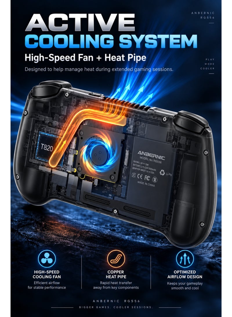 ANBERNIC RG556 Android Handheld Game Console, 5.48-Inch AMOLED 1080P Touch Screen, Unisoc T820, 8GB RAM 128GB Storage, Hall Joysticks & Triggers, Active Cooling, Black - Image 5