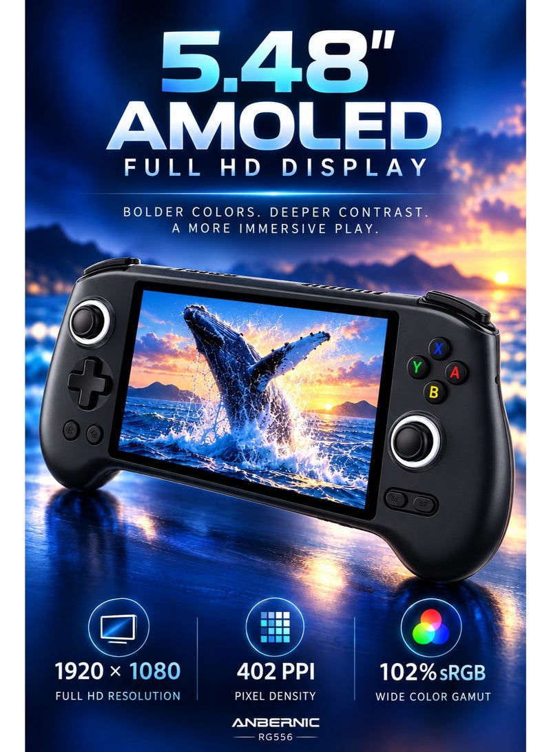 ANBERNIC RG556 Android Handheld Game Console, 5.48-Inch AMOLED 1080P Touch Screen, Unisoc T820, 8GB RAM 128GB Storage, Hall Joysticks & Triggers, Active Cooling, Black - Image 2