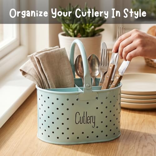 LOUetail Multipurpose Metal Cutlery Holder Organizer - Spoon, Fork, Knife, Chopstick, Stylish Dining Table & Kitchen Item Holder, Multifunctional Stand Organiser (Cool Blue with Polka Dots) - Image 2