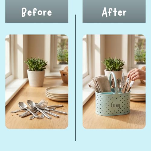 LOUetail Multipurpose Metal Cutlery Holder Organizer - Spoon, Fork, Knife, Chopstick, Stylish Dining Table & Kitchen Item Holder, Multifunctional Stand Organiser (Cool Blue with Polka Dots) - Image 4