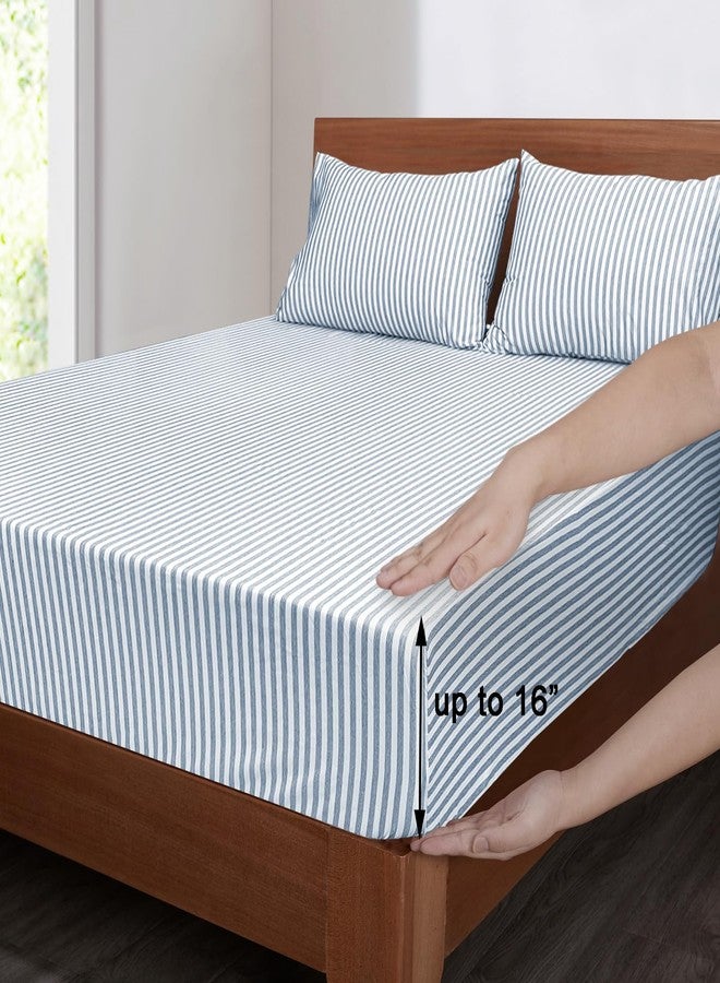 Mejoroom Striped King Size Sheet Set - Soft Microfiber Bed Sheets,Deep Pocket Fitted Sheet, Soft, Breathable, Wrinkle & Fade Resistant - 4 Piece (Blue Stripe) - Image 4