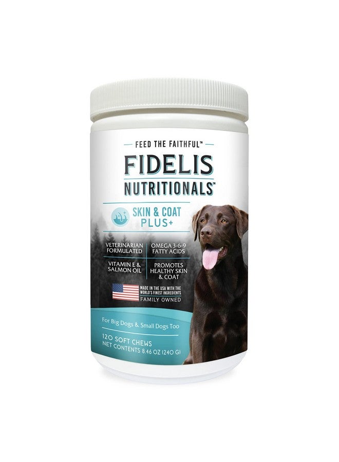 Fidelis Skin & Coat Plus+ Dog Skin & Coat Supplement, Omega 3, Vitamin E, Salmon Oil For Dogs, Fatty Acids, Healthy Skin, Shiny Coat, Adult, Big & Small, Made In Usa, Vegetable Flavor, 120 Soft Chews - Image 1
