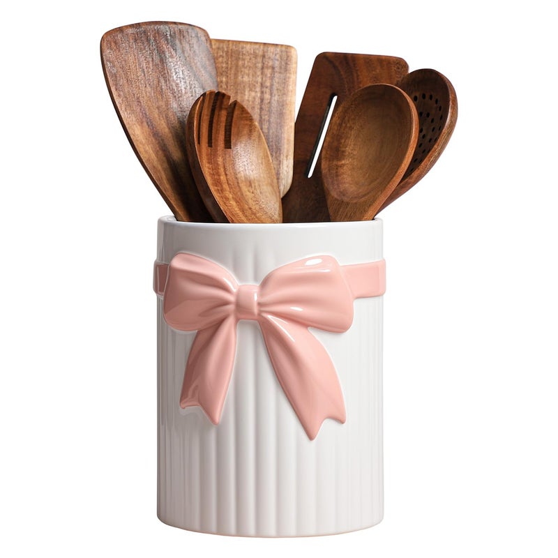 SOCOSY White Ceramic with Pink Bowknot Kitchen Utensil Holder For Countertop Large Cooking Utensil Crock Holder Spatula Holder - Image 2