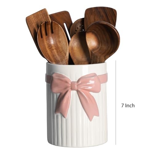 SOCOSY White Ceramic with Pink Bowknot Kitchen Utensil Holder For Countertop Large Cooking Utensil Crock Holder Spatula Holder - Image 3