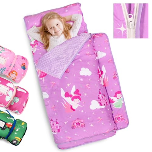 Primlect Toddler Nap Mat Extra Large Thickened 55x35 Soft Sleeping Bag with Detachable Minky Blanket and Pillow Portable for Daycare Preschool Kindergarten Travel Boys and Girls Princess - Image 1