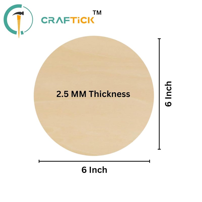 CRAFTICK قاعدة MDF دائرية بسيطة 6 بوصة للاعمال الفنية والحرف اليدوية | مجموعة من 8 | سمك 2.8 مم | دائرة خشبية غير مطلية ممتازة للرسم، ديكور الجدران، فن ليبان (6 بوصة) - Image 2