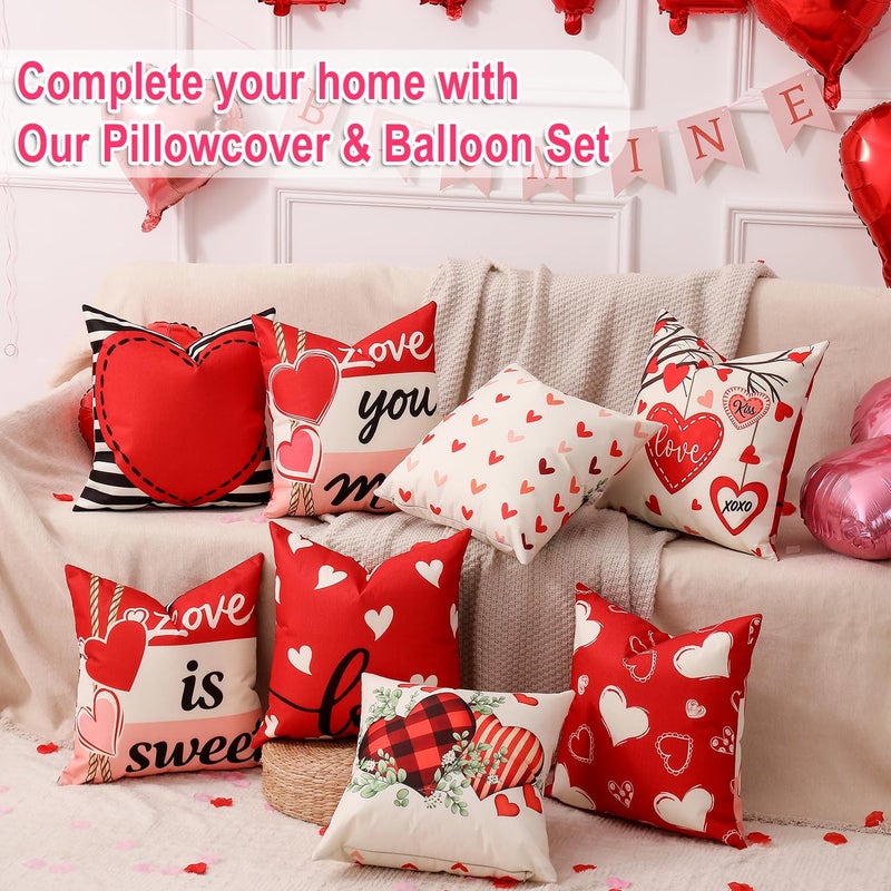 multiwins Valentine Decorations Set of 4 Double-Sided Valentine's Day Throw Pillow Covers 20" x 20", Reversible 8 Designs, with 16 pcs Heart & Love Balloons, Stickers, Complete Valentines Decor Kit - Image 5