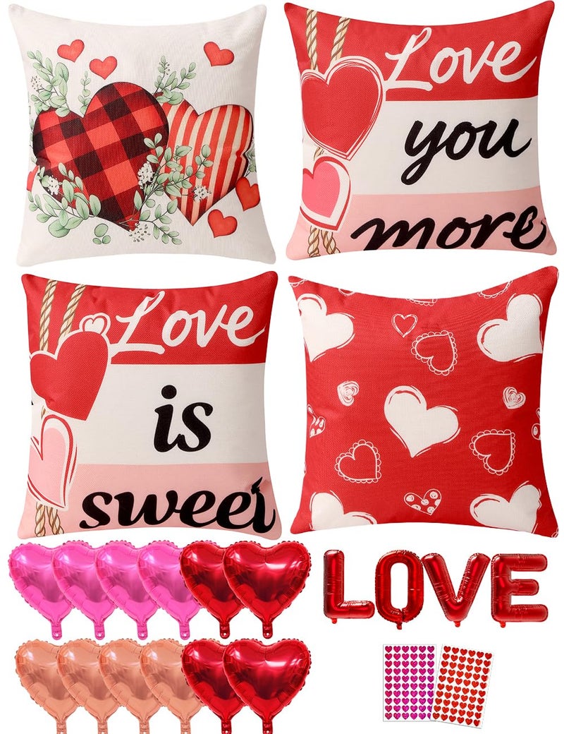 multiwins Valentine Decorations Set of 4 Double-Sided Valentine's Day Throw Pillow Covers 20" x 20", Reversible 8 Designs, with 16 pcs Heart & Love Balloons, Stickers, Complete Valentines Decor Kit - Image 1