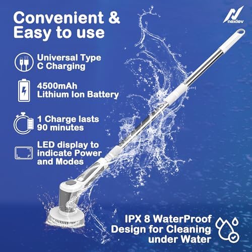 NexLev Spin Scrubber with Soap Spray | 6 heads| For Kitchen, Tub, Glass, Complete cleaning tool for Home, Office & Car| 90 min runtime | 4500 mAh | Cordless Type C | Adjustable Handle|SS-01, White - Image 3
