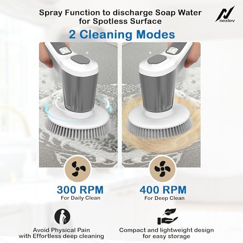 NexLev Spin Scrubber with Soap Spray | 6 heads| For Kitchen, Tub, Glass, Complete cleaning tool for Home, Office & Car| 90 min runtime | 4500 mAh | Cordless Type C | Adjustable Handle|SS-01, White - Image 2