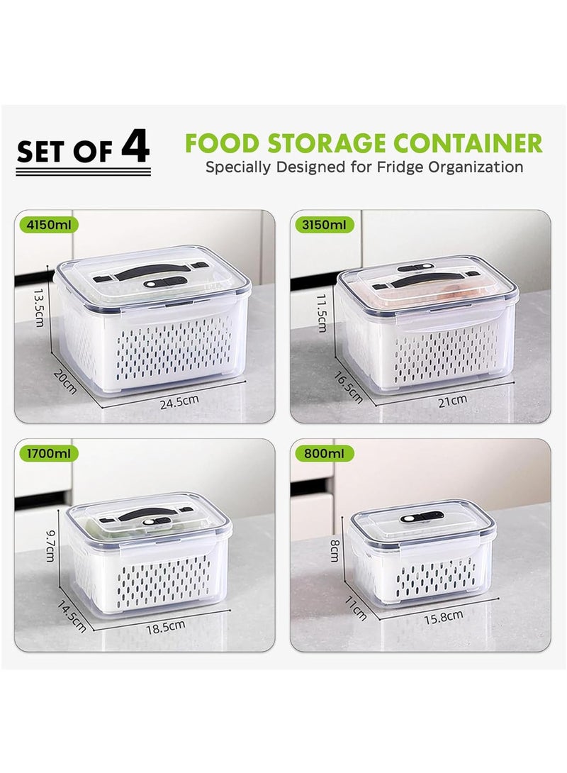 مارلا مول مجموعة من 4 حاويات تخزين الثلاجة، حاويات تخزين طعام وفاكهة مقاومة للتسرب مع مصفاة قابلة للإزالة، وسعات متعددة الأحجام، منظم طعام طازج للتخزين المنزلي، آمنة للاستخدام في غسالة الأطباق والميكروويف - Image 2
