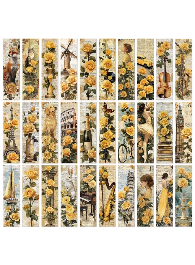 علامة مرجعية عتيقة الطراز الطبيعي، علامات مرجعية ملونة على شكل زهرة ونباتات وردية صفراء، 30 قطعة - Image 1