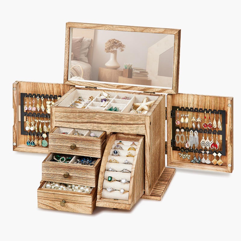 Poyilooo Jewelry Box Organizer, Solid Wood Jewelry Boxes fow Women with Mirror, Double Layer Jewelry Organizer Box Display Earring Necklace Bracelet Ring, Rustic Style Small Jewelry Box for Girls - Image 1