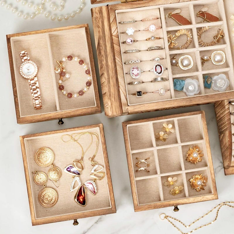 Poyilooo Jewelry Box Organizer, Solid Wood Jewelry Boxes fow Women with Mirror, Double Layer Jewelry Organizer Box Display Earring Necklace Bracelet Ring, Rustic Style Small Jewelry Box for Girls - Image 4