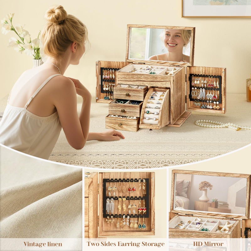 Poyilooo Jewelry Box Organizer, Solid Wood Jewelry Boxes fow Women with Mirror, Double Layer Jewelry Organizer Box Display Earring Necklace Bracelet Ring, Rustic Style Small Jewelry Box for Girls - Image 3