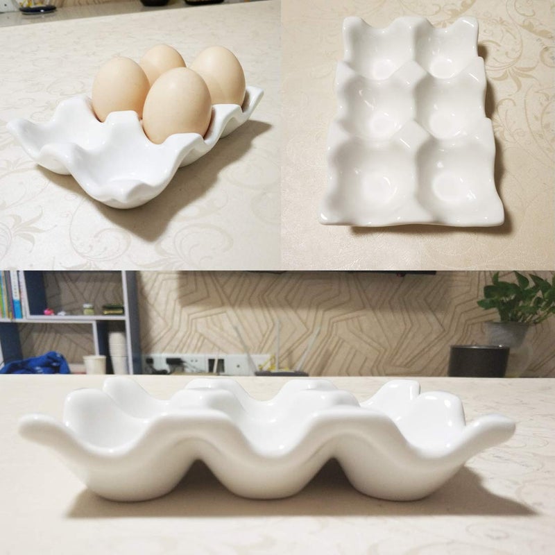 Bealuffe Ceramic Egg Holder Egg Tray Porcelain Fresh Egg Holder for Fridge Countertop Kitchen Storage Half Dozen 6 Cups (White) - Image 4
