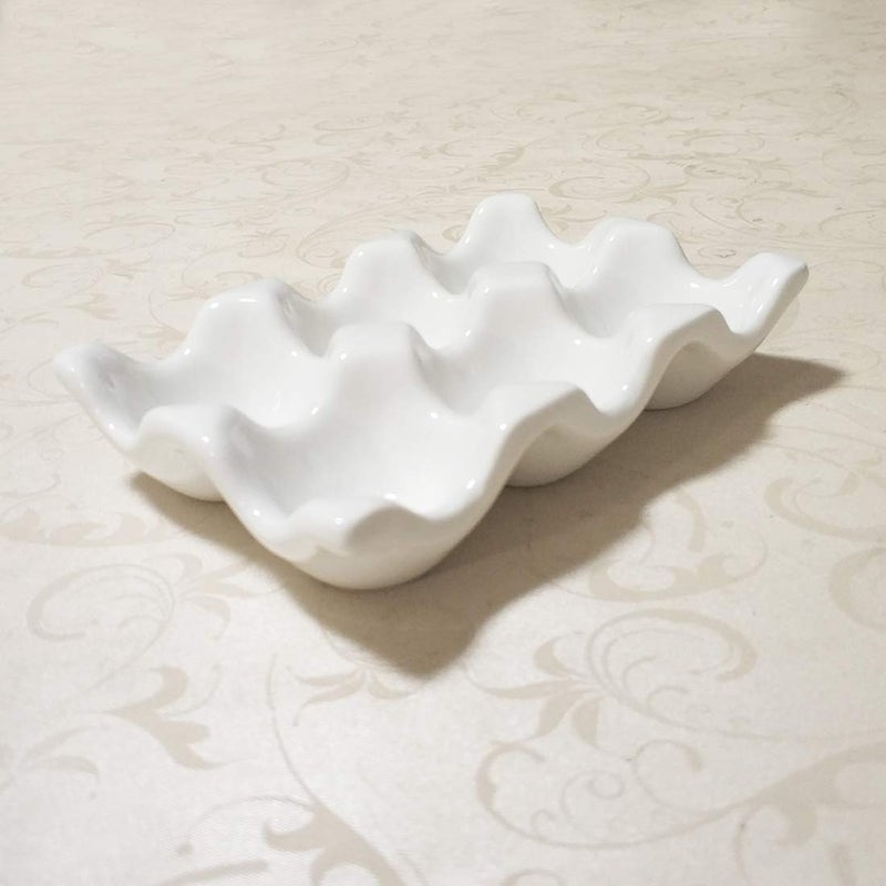 Bealuffe Ceramic Egg Holder Egg Tray Porcelain Fresh Egg Holder for Fridge Countertop Kitchen Storage Half Dozen 6 Cups (White) - Image 2