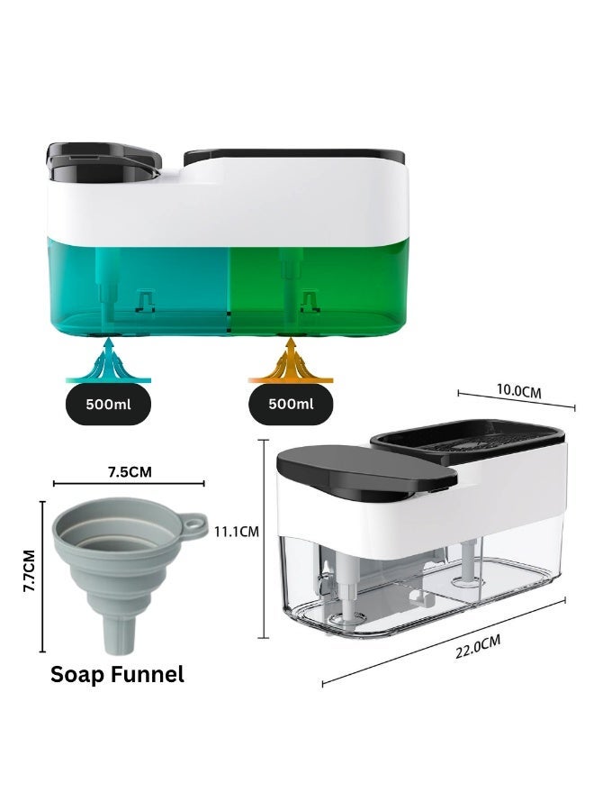 3-in-1 Dual Soap Dispenser Pump | Sponge Holder for Kitchen Sink |1000ml Capacity | Easy Refill | Wall Mounted Dish | Hand Soap Dispenser Set | Kitchen & Bathroom Organizer. (White) - Image 2