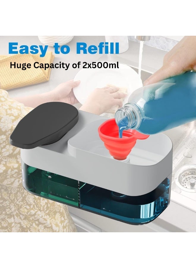 3-in-1 Dual Soap Dispenser Pump | Sponge Holder for Kitchen Sink |1000ml Capacity | Easy Refill | Wall Mounted Dish | Hand Soap Dispenser Set | Kitchen & Bathroom Organizer. (White) - Image 4
