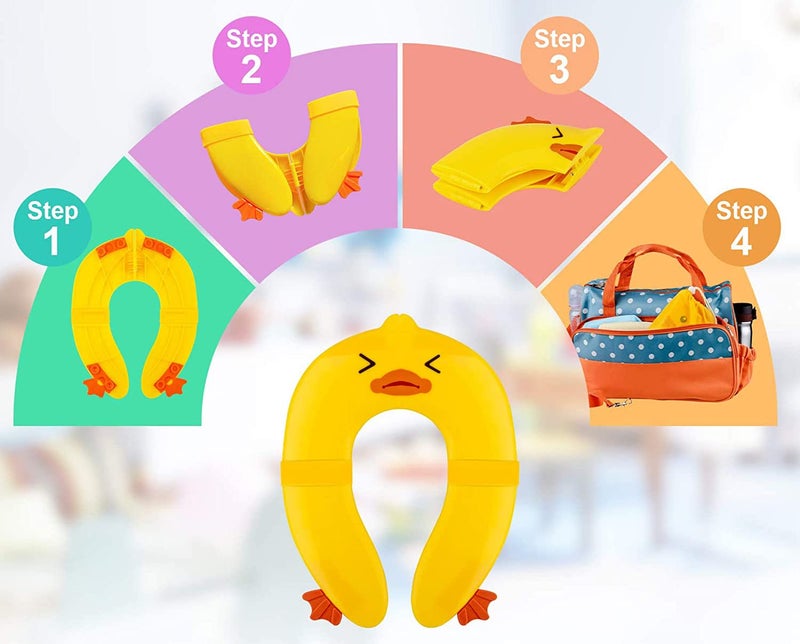 POKANIC Toilet Potty Training Seat Cover, Travel Toilet Seat, Folding Non Slip Silicone Pads, Travel Portable Reusable Kids Toddlers Boys Girls, Carry Bag (Yellow - Duck) - Image 3