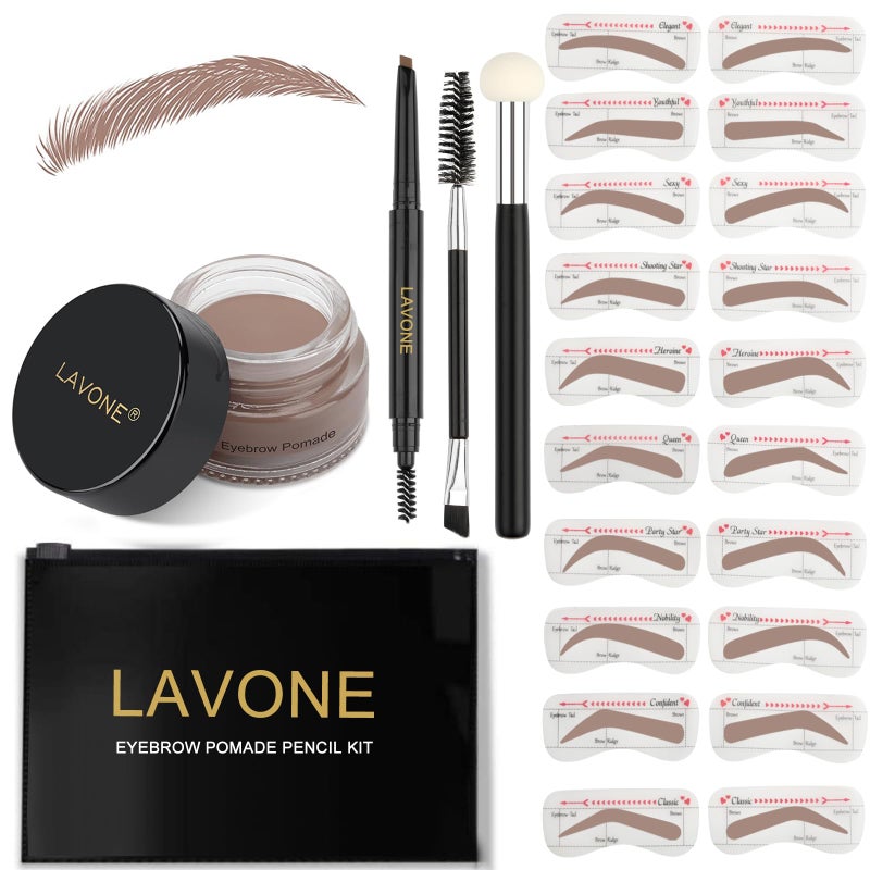 LAVONE Eyebrow Stamp Stencil Kit - Brow Stamp Trio with Waterproof Pencil, Pomade, 20 Stencils, Dual-ended Brush and Sponge Applicator - Ash Blonde - Image 1